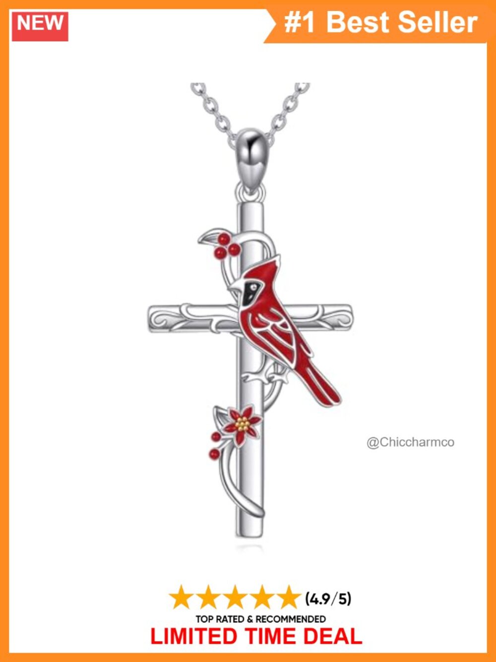 925 Sterling Silver Cross Red Cardinal Pendant Necklace Memorial Sympathy